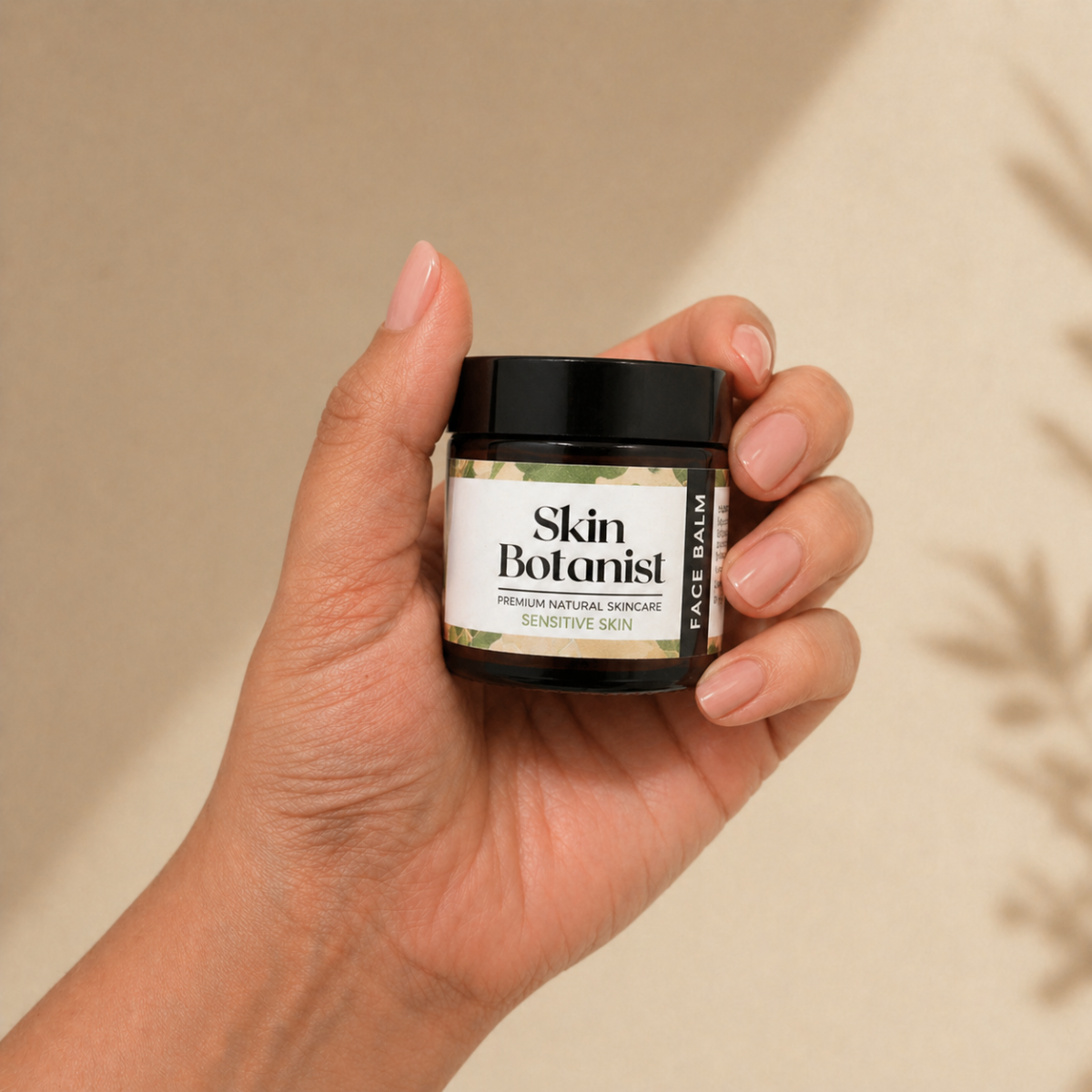 Hand holding a jar of Skin Botanist Calm & Nourish Face Balm