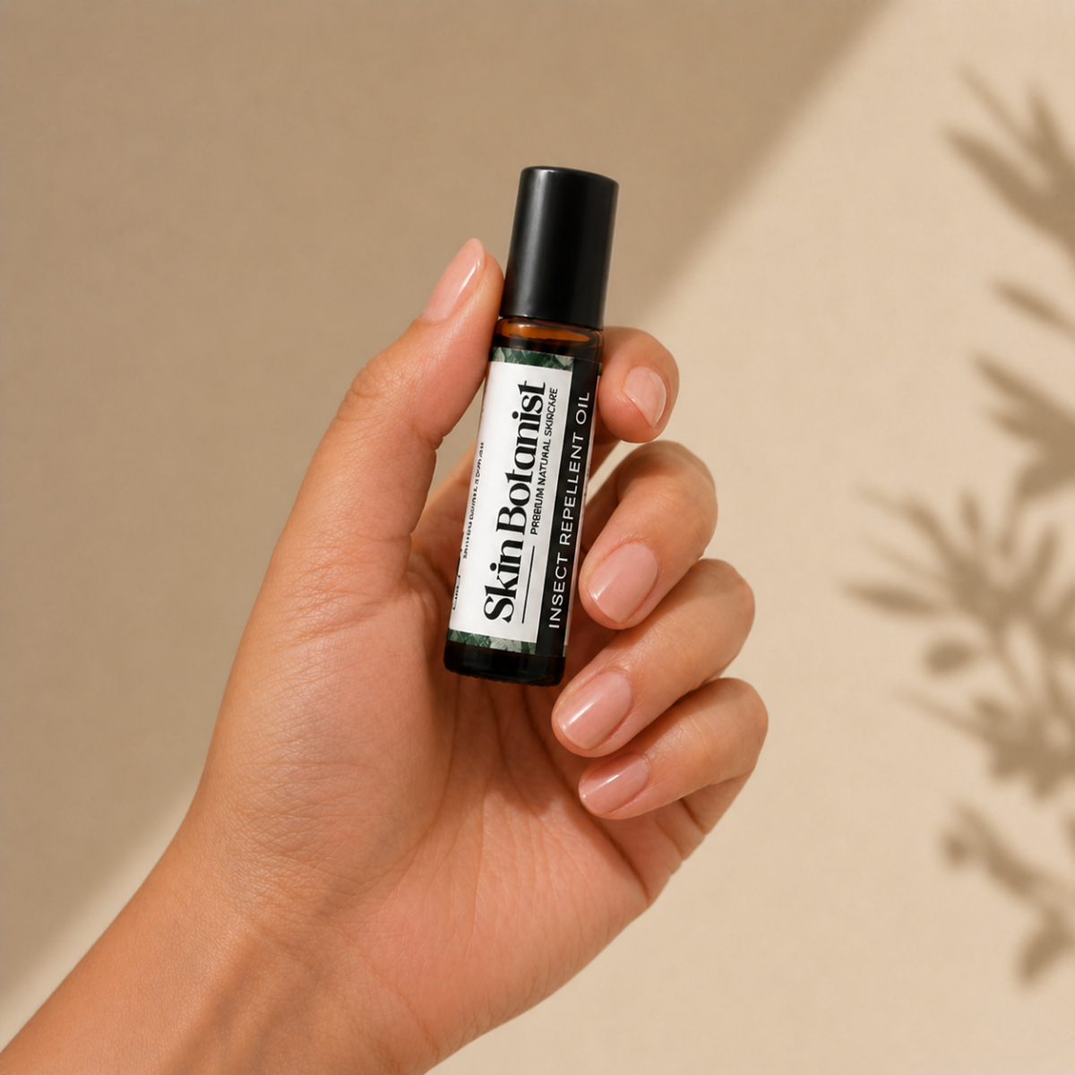 Skin Botanist Botanical Insect Repellent Oil amber glass roll-on bottle held in a hand