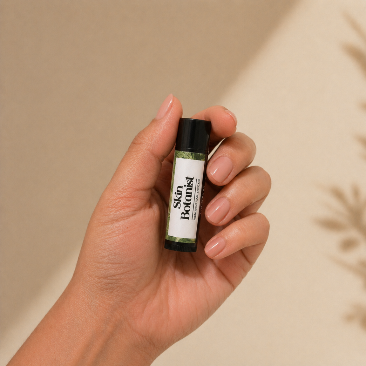 Hand holding a small bottle labeled 'Skin Botanist' against a beige background