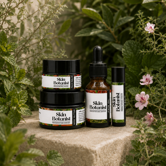 A set of Skin Botanist skincare products including two jars, a dropper bottle, and a rollerball, arranged on a stone surface surrounded by green leaves and pink flowers.