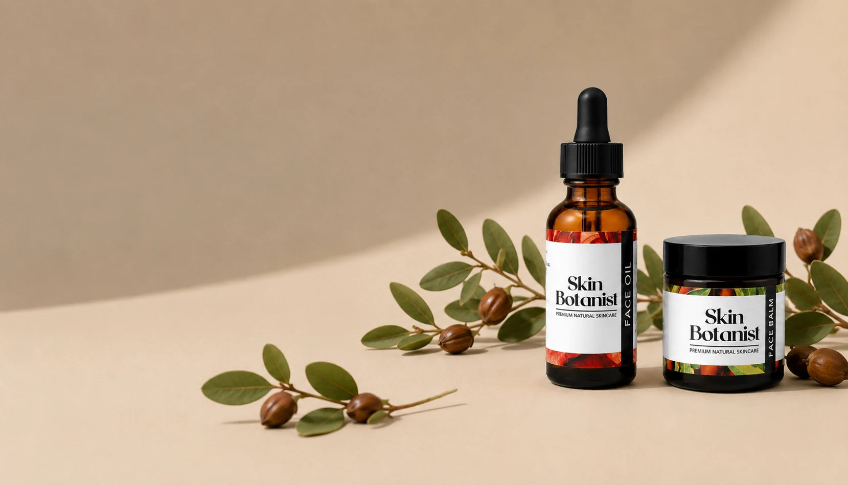 Skin Botanist Botanical Face Oil and Face Balm with botanical foliage
