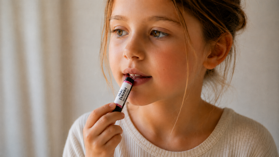little girl applying non-toxic Skin Botanist kids lip balm