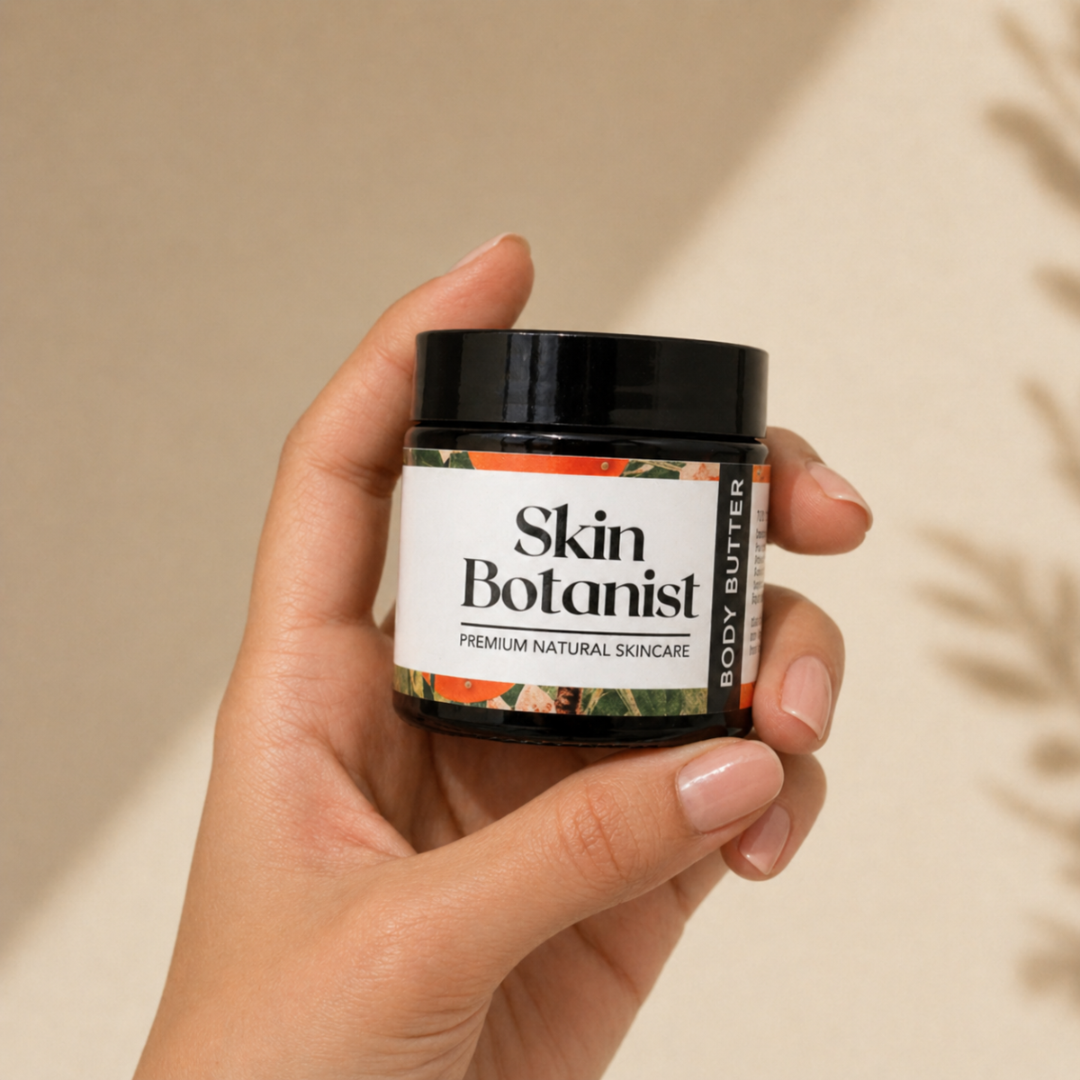 Skin Botanist Restorative Botanical Body Butter jar held in a hand
