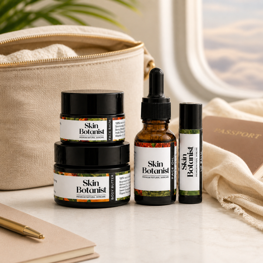 Skin Botanist Discovery Kit on a table with passport and travel bags 