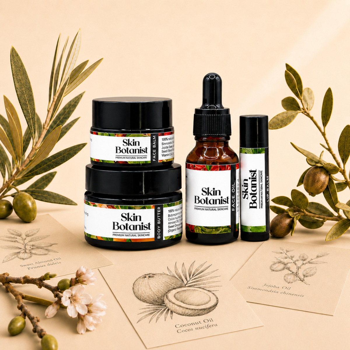 Collection of Skin Botanist skincare products with botanical elements on a beige background