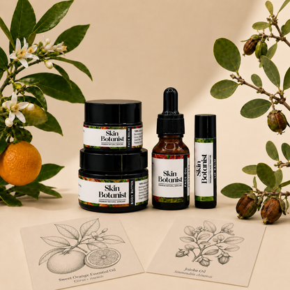 Skin Botanist skincare products with botanical illustrations on a beige background