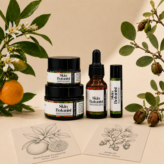Skin Botanist skincare products with botanical illustrations on a beige background