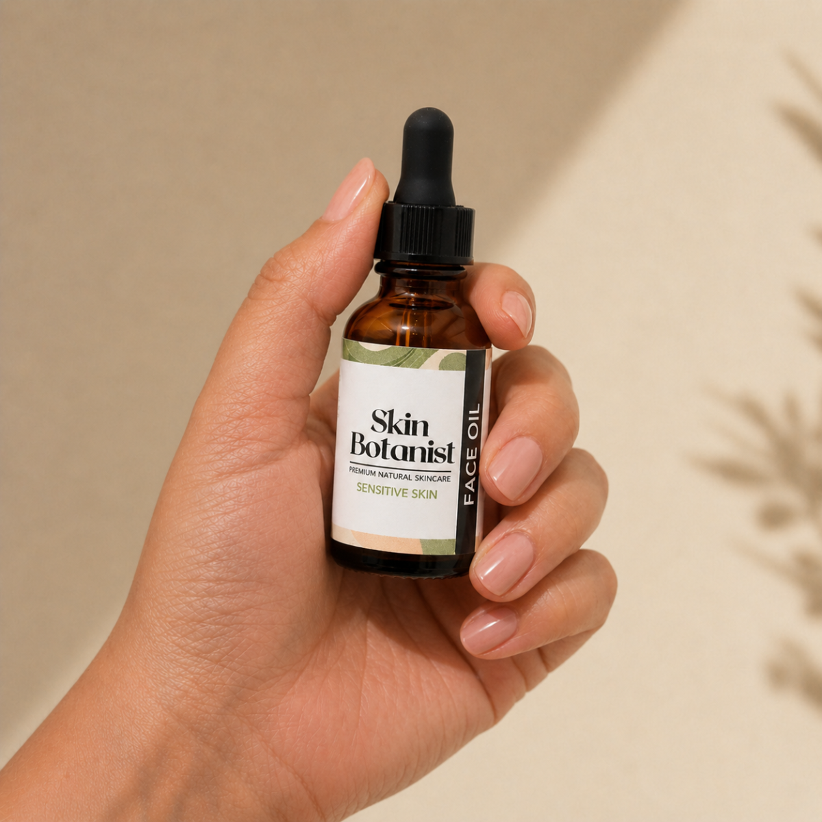 Hand holding a Skin Botanist face oil bottle against a beige background