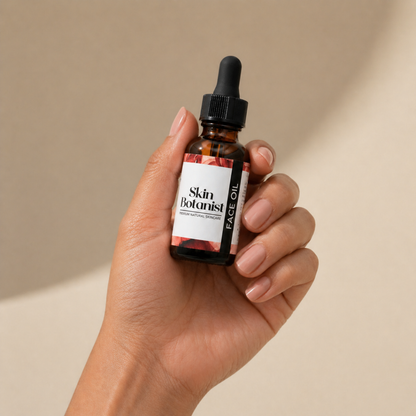 Hand holding a bottle of Skin Botanist Nourish & Restore Botanical Face Oil 