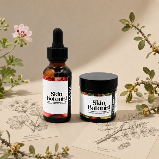 Two Skin Botanist skincare products on a background with botanical illustrations