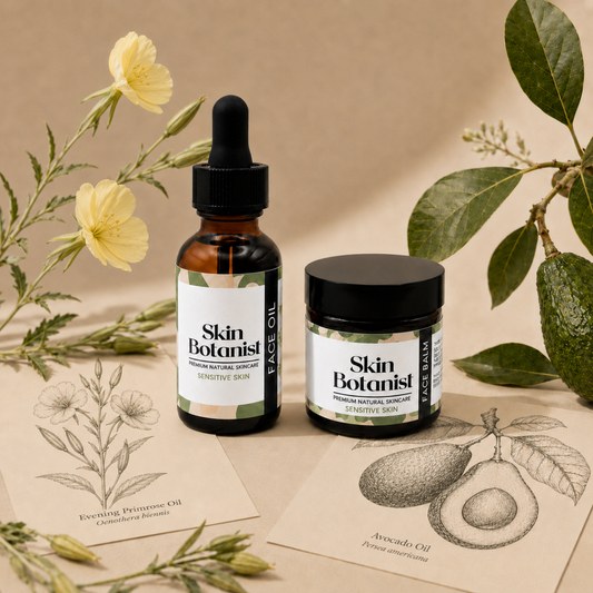 Skin Botanist face oil and balm with botanical illustrations on a beige background