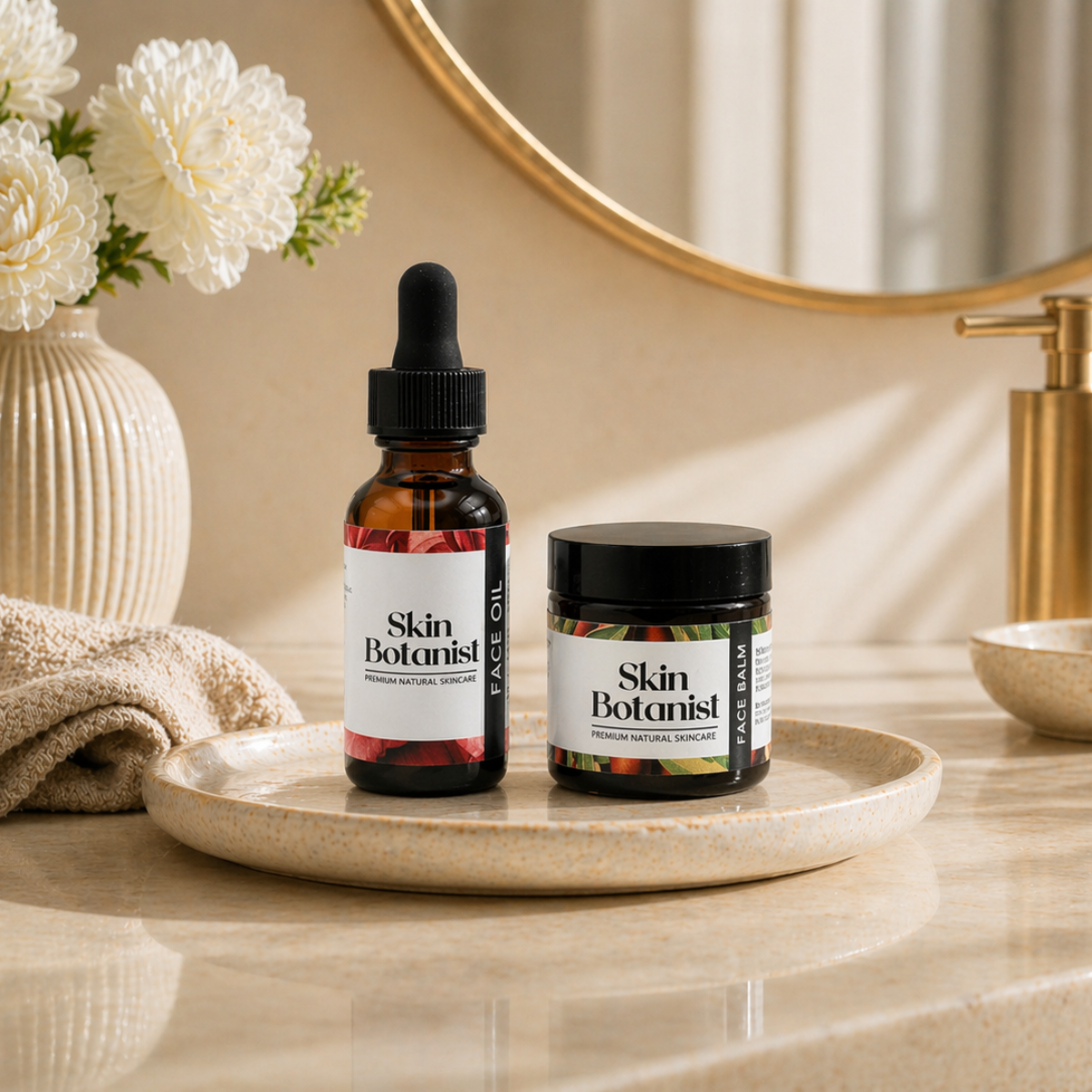 Two Skin Botanist skincare products on a tray with a mirror and flowers in the background.