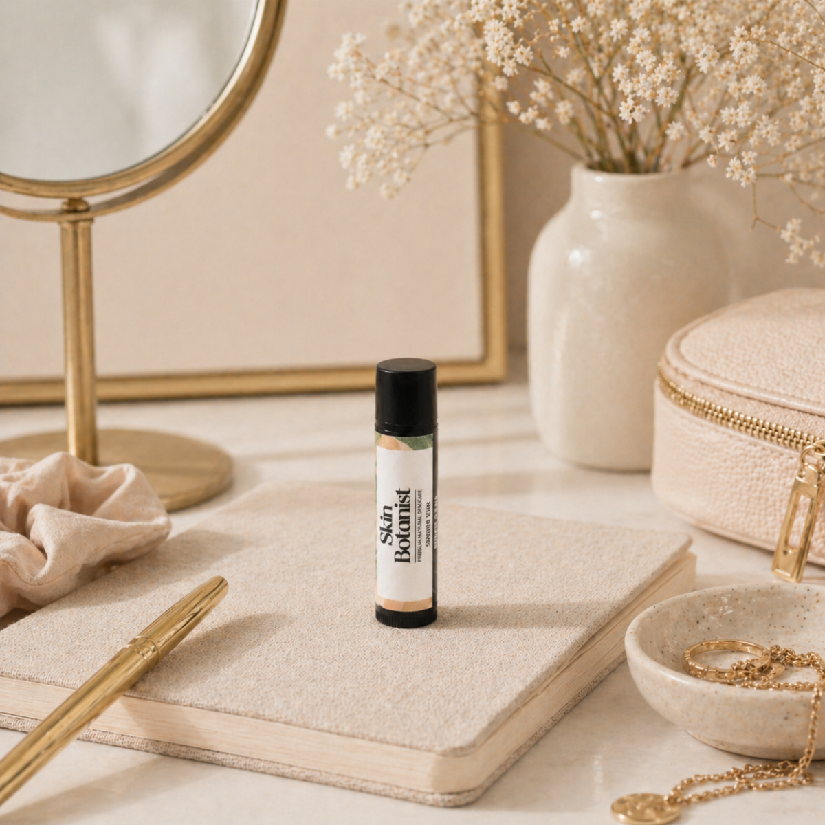 Skin Botanist Calm & Nourish Lip Balm  – fragrance-free for sensitive skin on a table with a mirror, vase, and jewelry