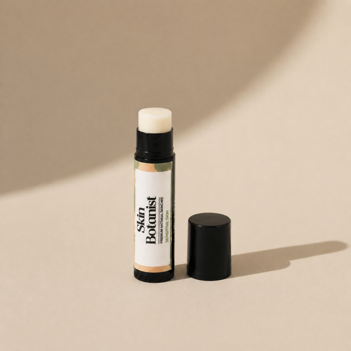 Skin Botanist Calm & Nourish Lip Balm cap off and texture view – fragrance-free for sensitive skin