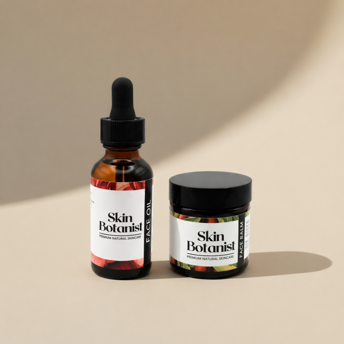 Two Skin Botanist skincare products on a beige background