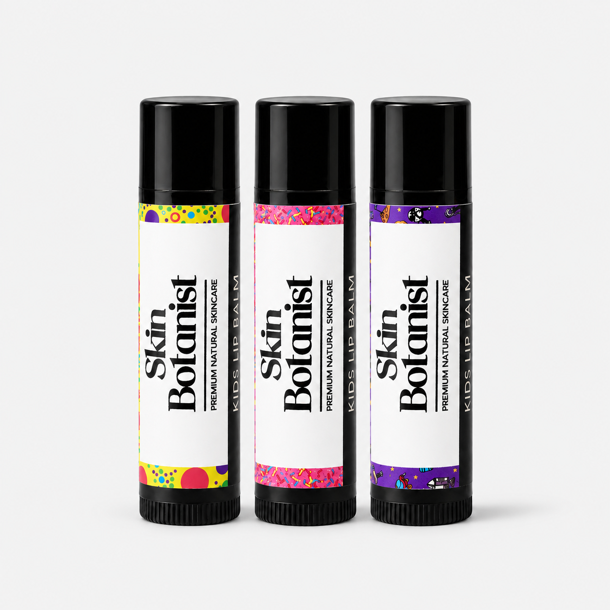 Bright and Playful Kids Lip Balm three pack on a light grey background
