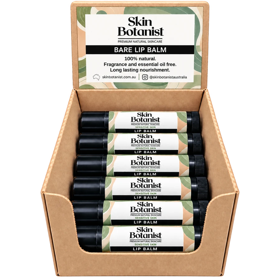 Skin Botanist Bare Lip Balm display box with lip balm tubes