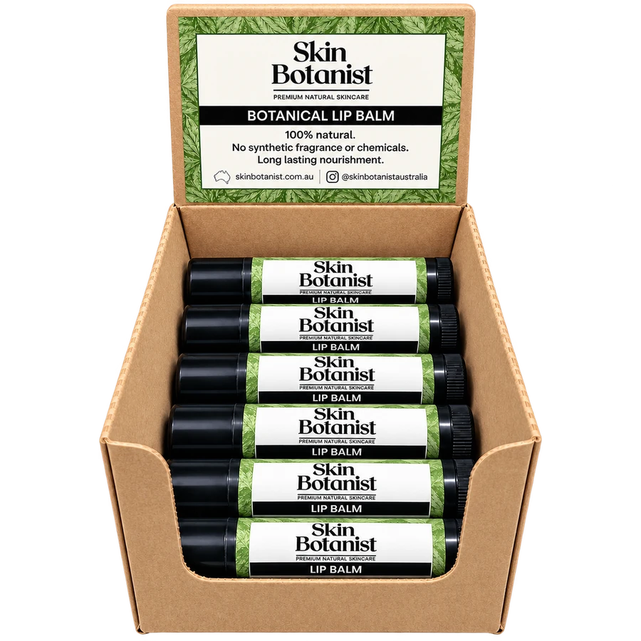 Skin Botanist Botanical Lip Balm display box with lip balm tubes