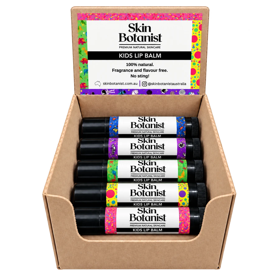 Skin Botanist Kids Lip Balm display box with lip balm tubes
